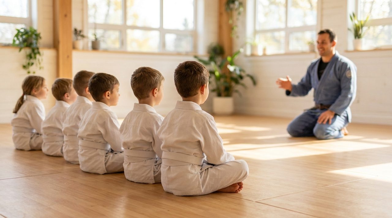 Young kids practicing Brazilian Jiu-Jitsu on the mat with a coach.