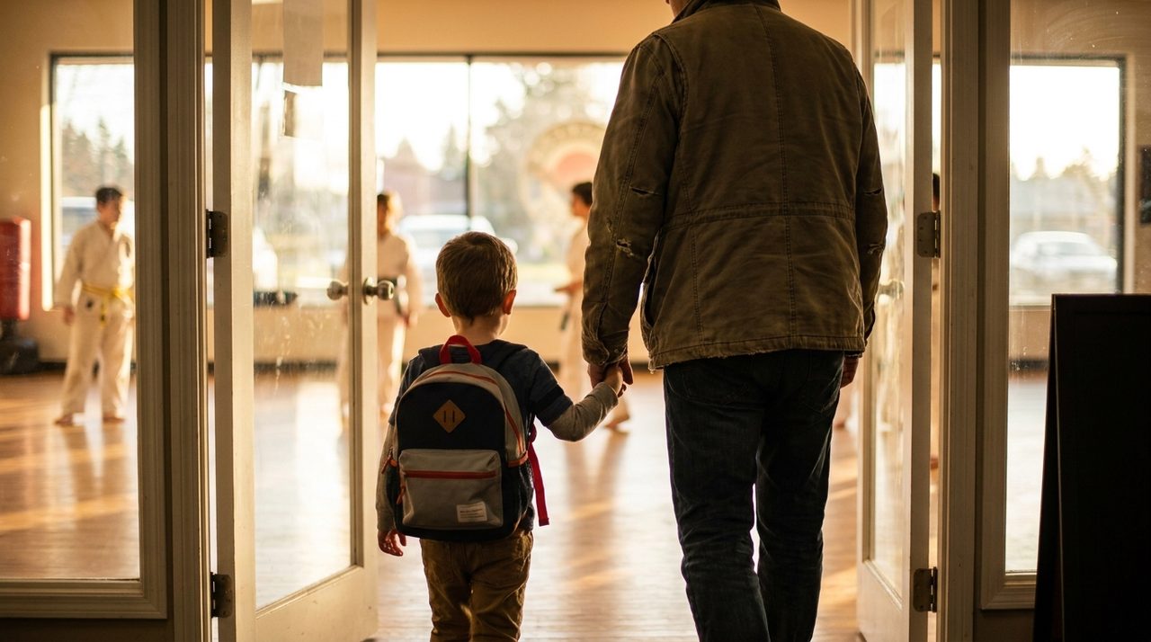A family arriving at the academy for a youth martial arts class.