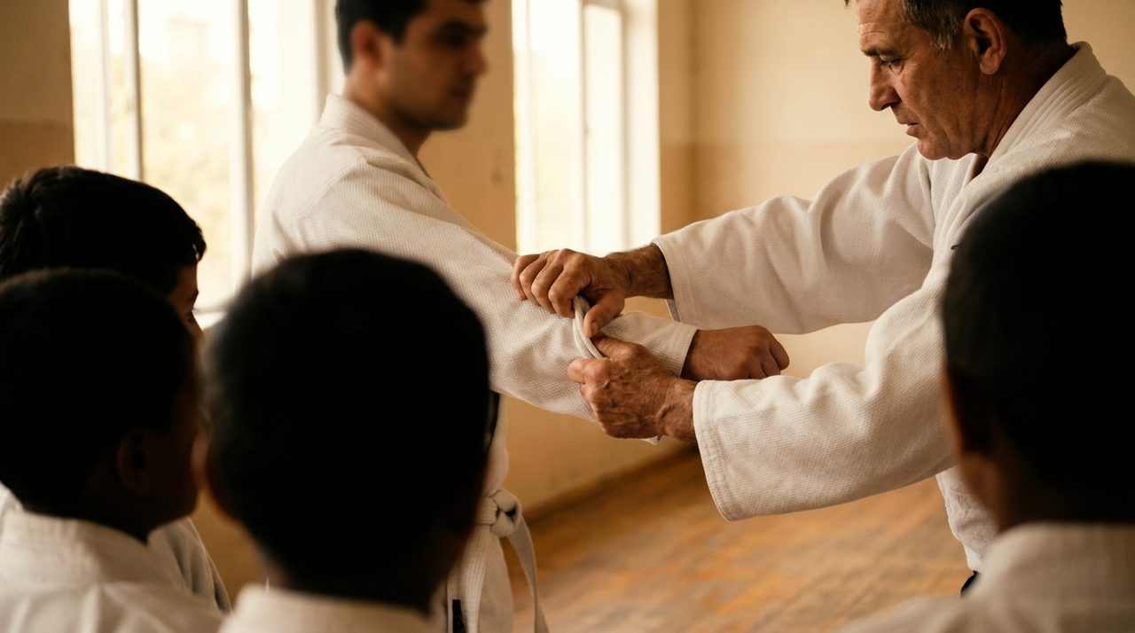 A coach guiding students through a structured Jiu-Jitsu technique on the mat.