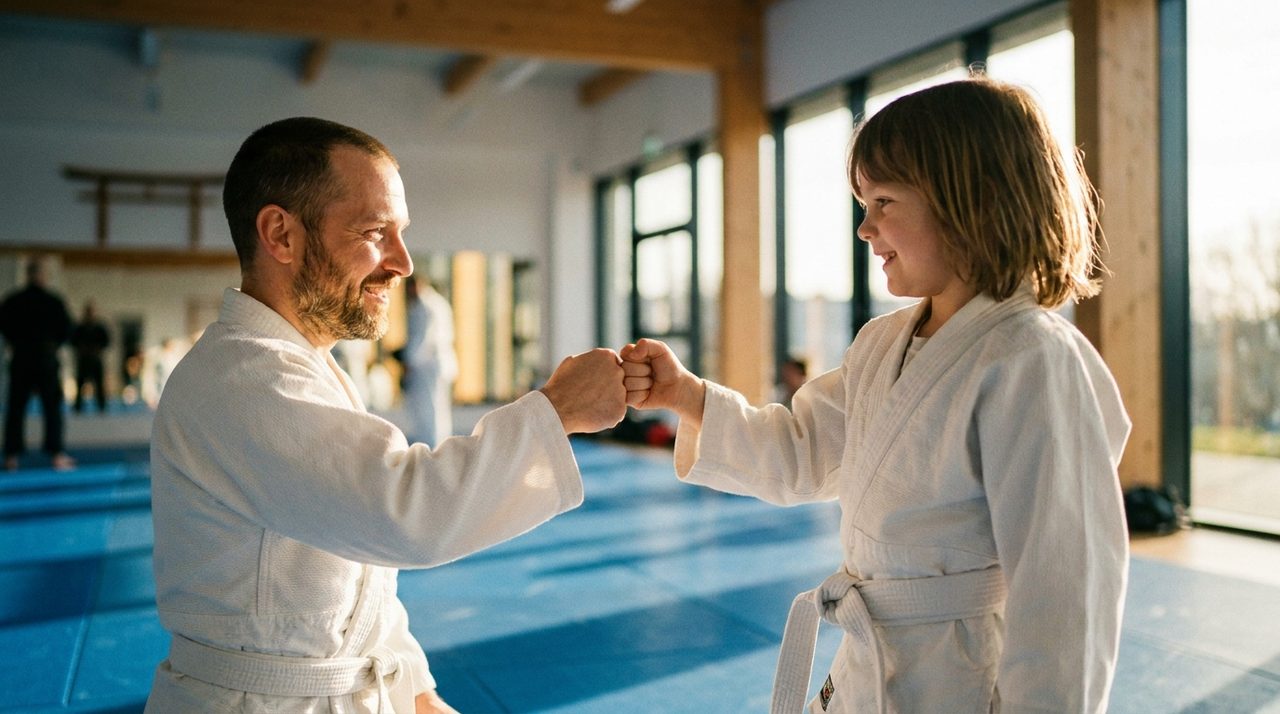 Parents and kids training martial arts together at the academy.